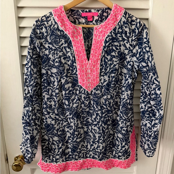 Lilly Pulitzer Navy and Pink Blouse - Picture 1 of 1